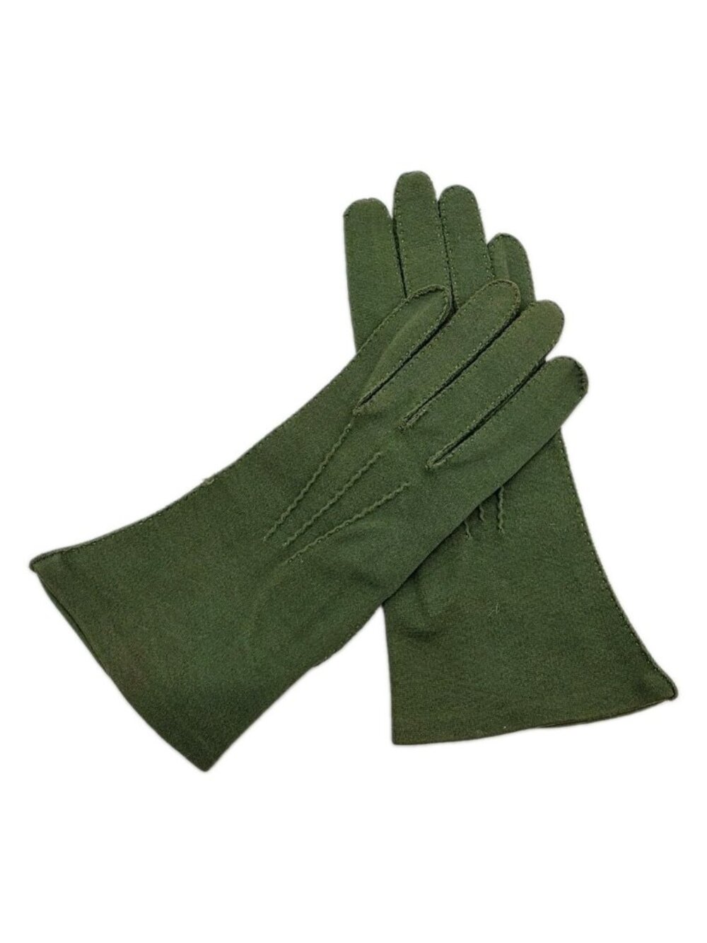 Vintage Olive Green Dress Gloves From England Decorative Stitching Cotton SEE